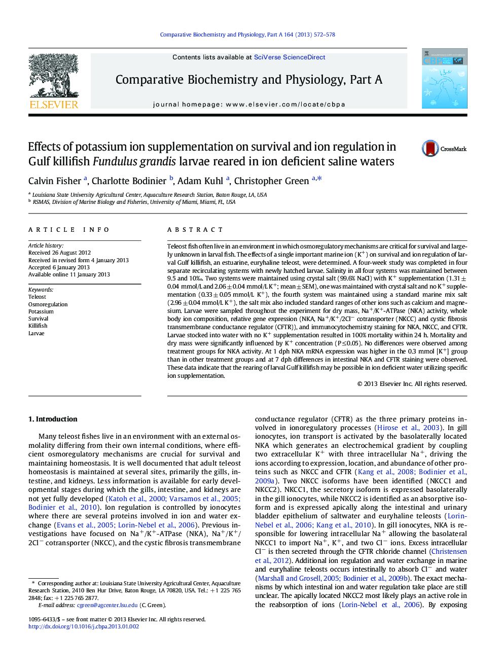 Effects of potassium ion supplementation on survival and ion regulation in Gulf killifish Fundulus grandis larvae reared in ion deficient saline waters