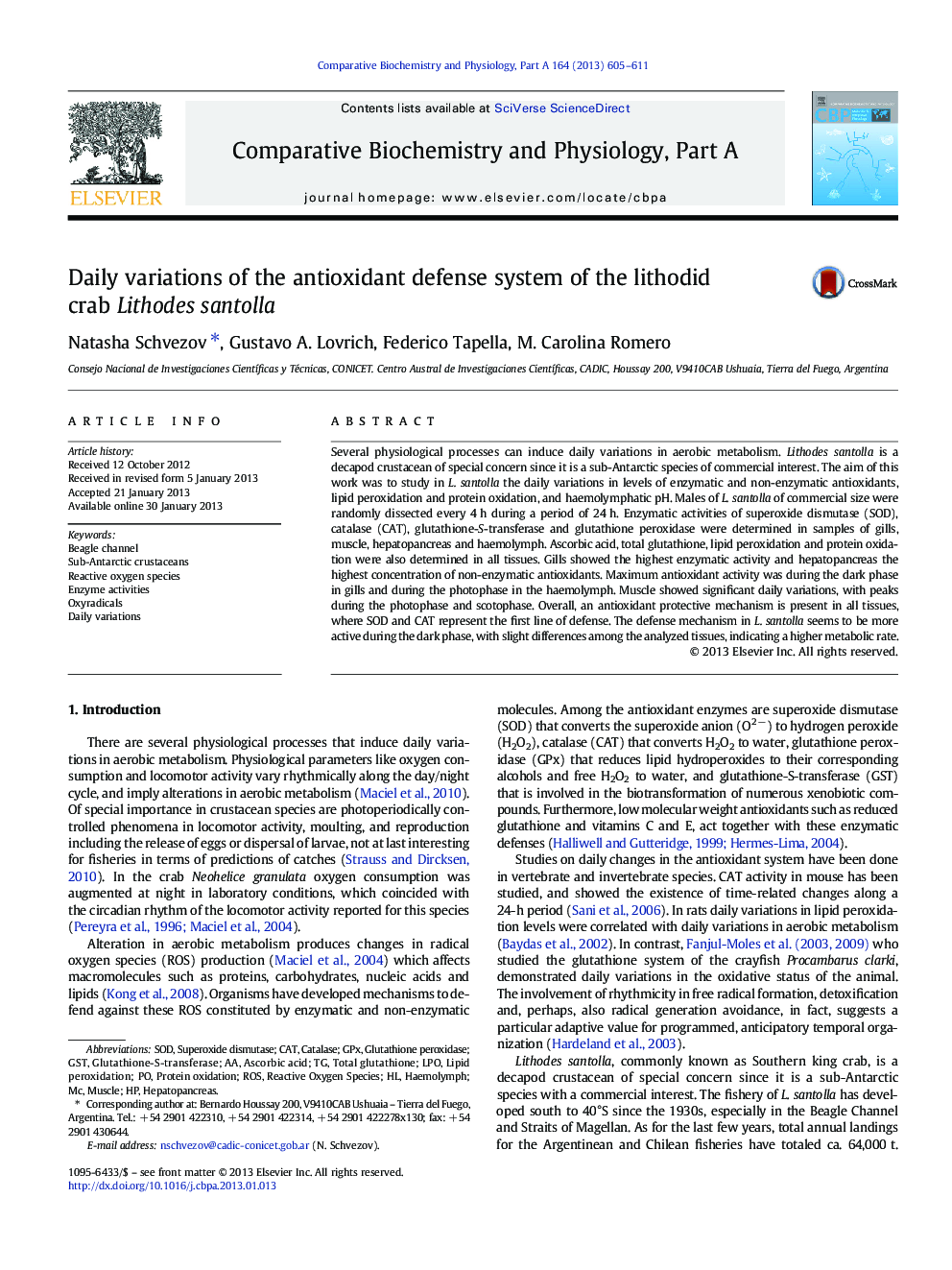 Daily variations of the antioxidant defense system of the lithodid crab Lithodes santolla