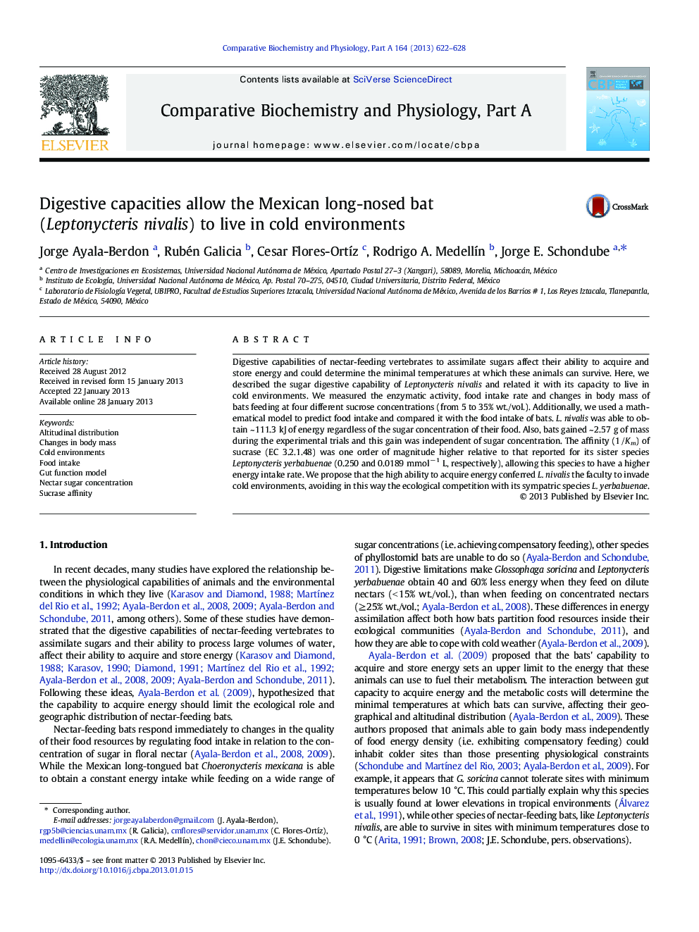 Digestive capacities allow the Mexican long-nosed bat (Leptonycteris nivalis) to live in cold environments