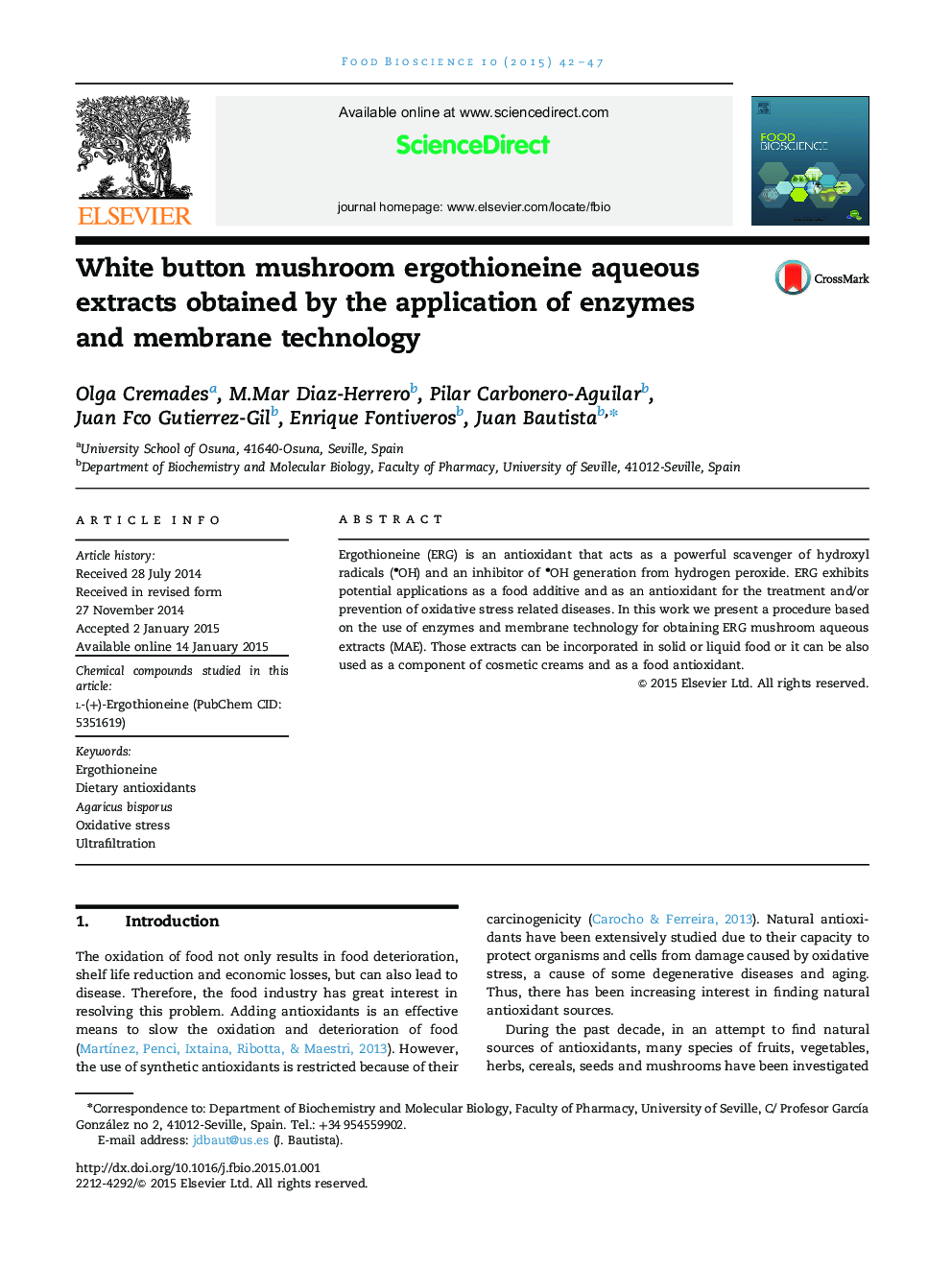 White button mushroom ergothioneine aqueous extracts obtained by the application of enzymes and membrane technology