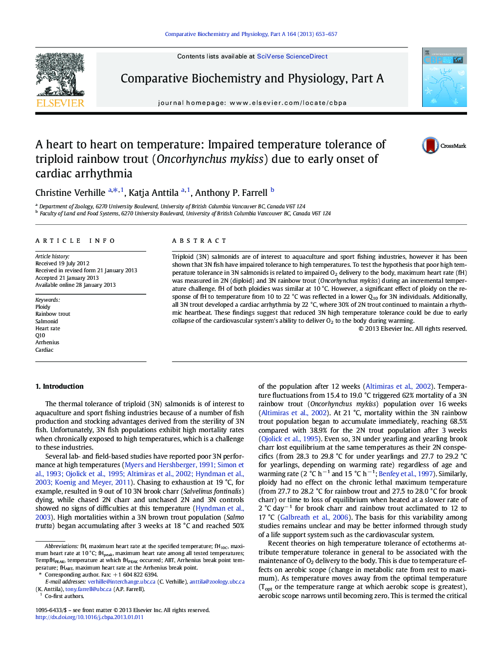 A heart to heart on temperature: Impaired temperature tolerance of triploid rainbow trout (Oncorhynchus mykiss) due to early onset of cardiac arrhythmia