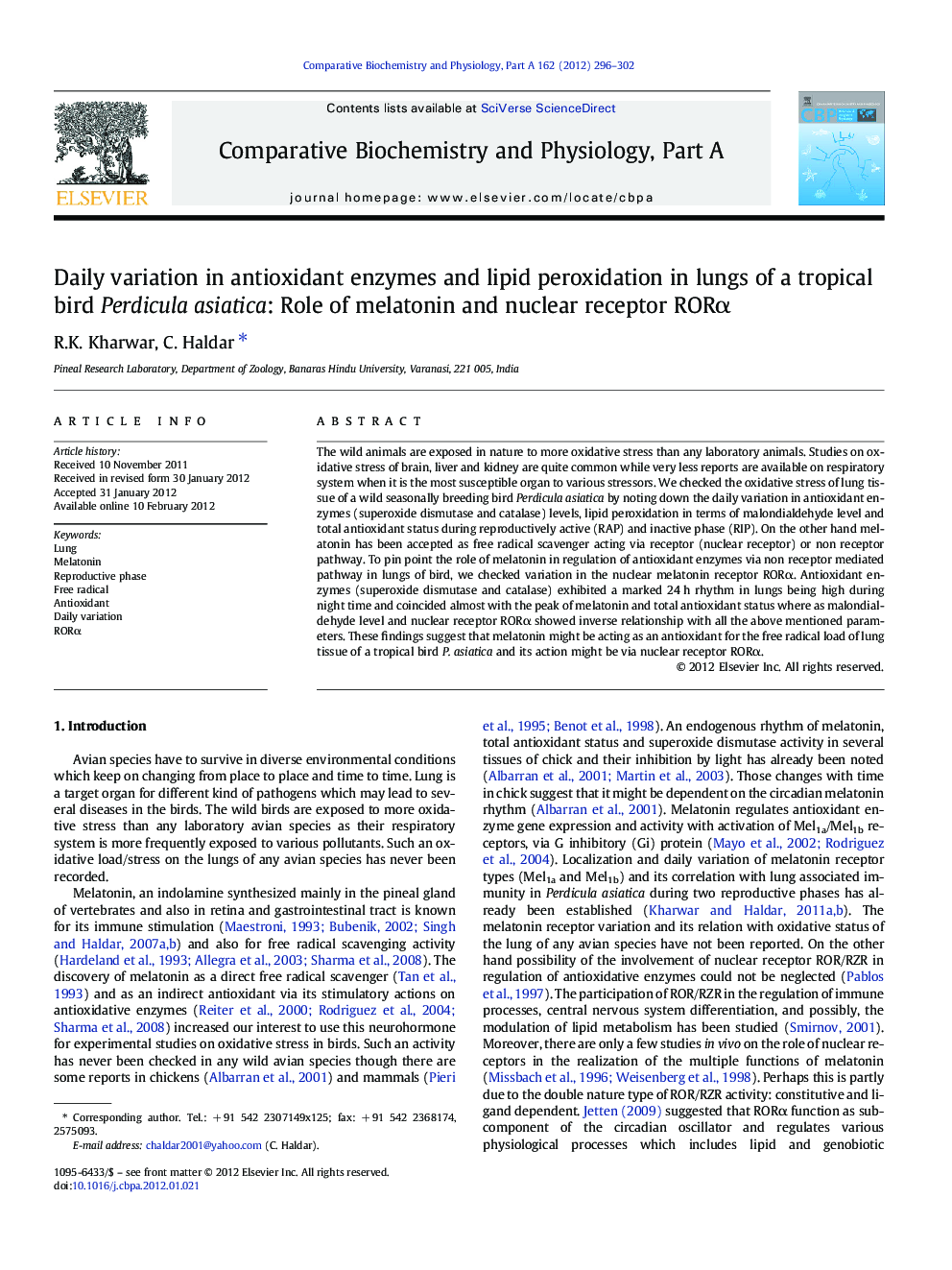 Daily variation in antioxidant enzymes and lipid peroxidation in lungs of a tropical bird Perdicula asiatica: Role of melatonin and nuclear receptor RORα