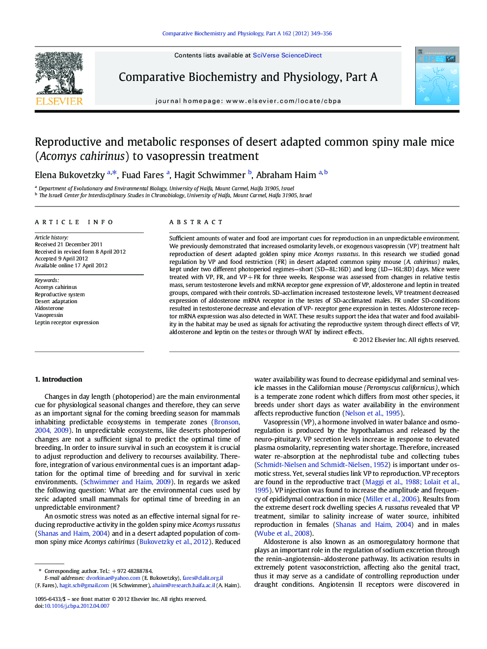 Reproductive and metabolic responses of desert adapted common spiny male mice (Acomys cahirinus) to vasopressin treatment