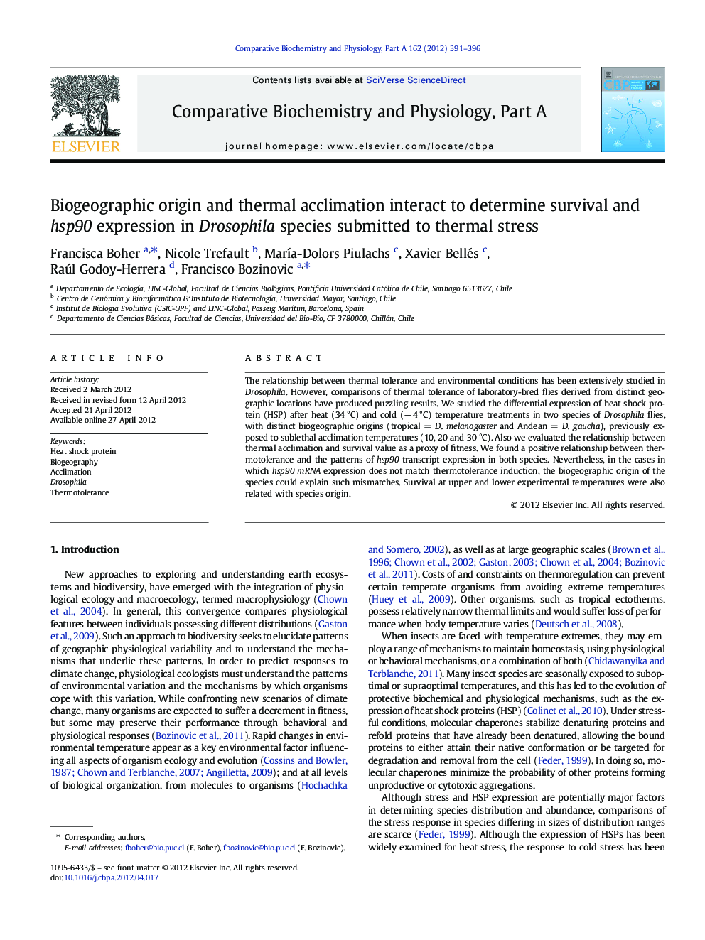 Biogeographic origin and thermal acclimation interact to determine survival and hsp90 expression in Drosophila species submitted to thermal stress