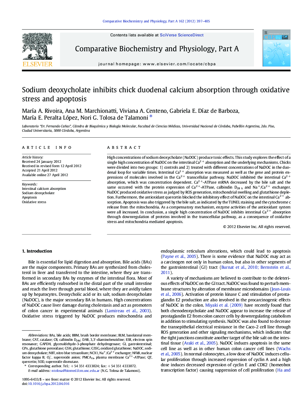 Sodium deoxycholate inhibits chick duodenal calcium absorption through oxidative stress and apoptosis