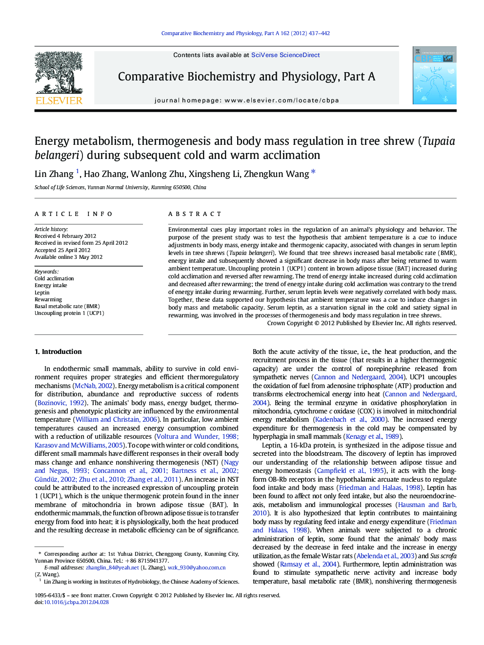 Energy metabolism, thermogenesis and body mass regulation in tree shrew (Tupaia belangeri) during subsequent cold and warm acclimation