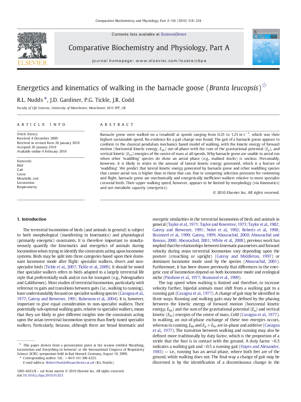 Energetics and kinematics of walking in the barnacle goose (Branta leucopsis) 