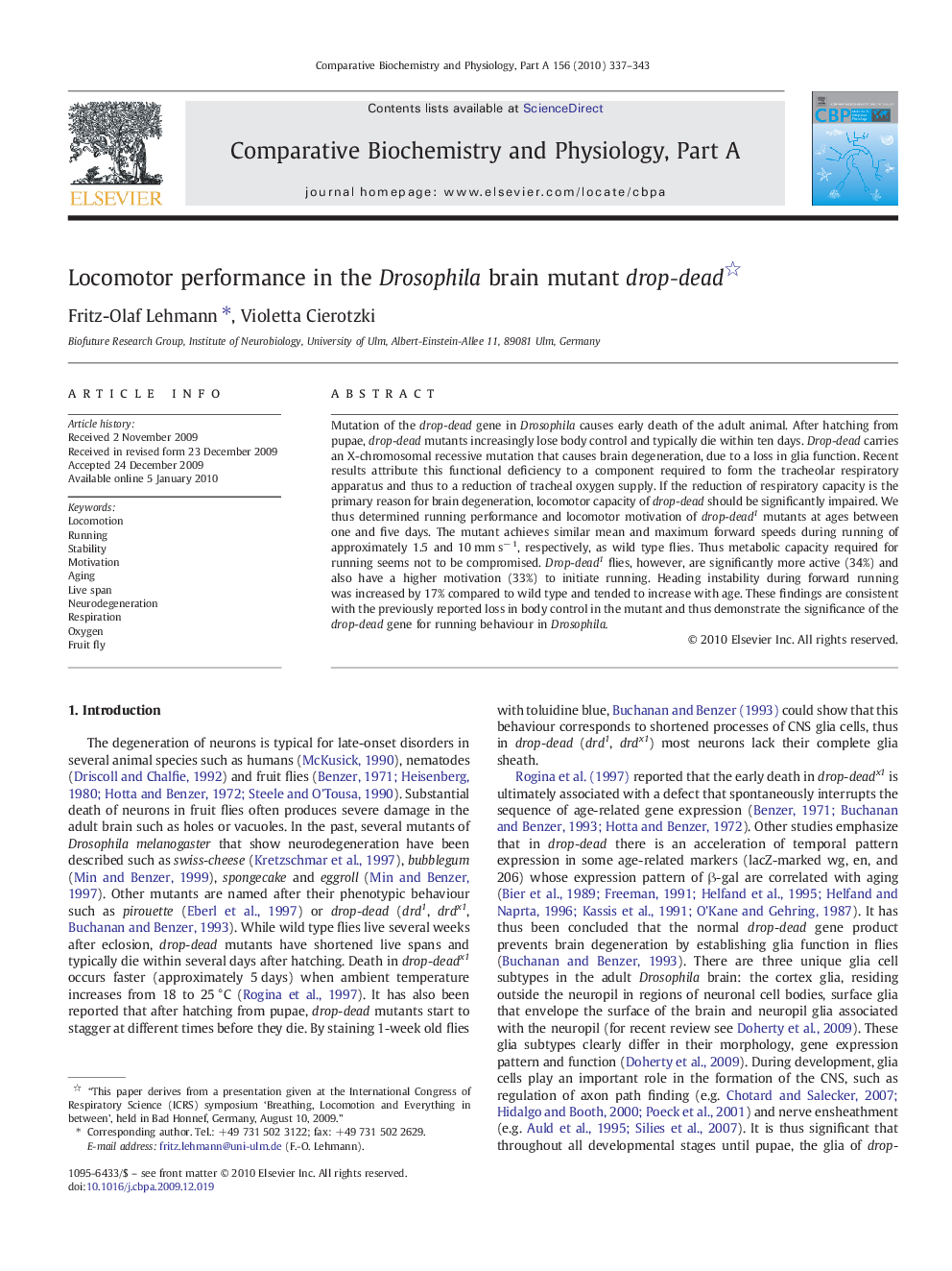 Locomotor performance in the Drosophila brain mutant drop-dead 