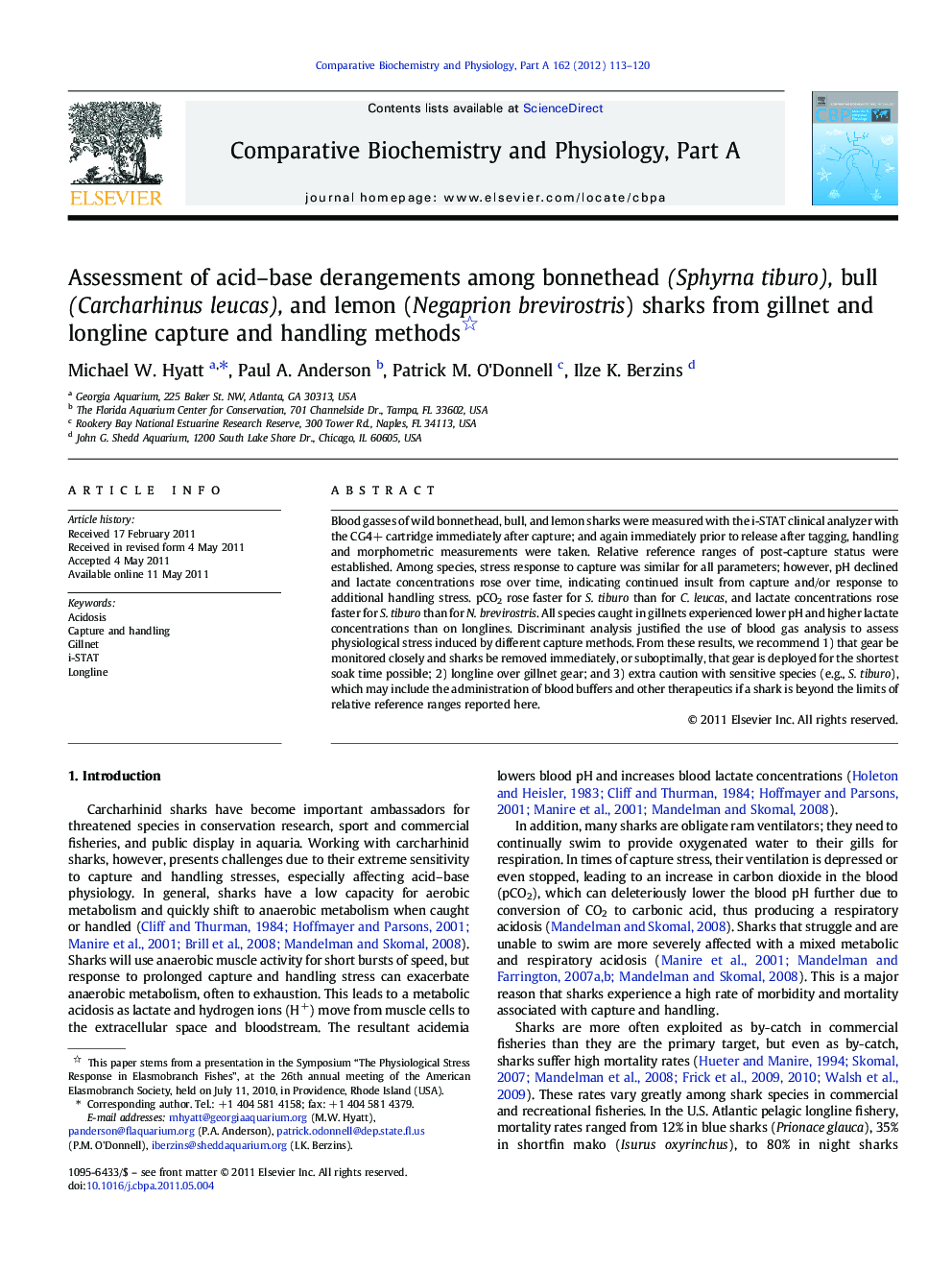 Assessment of acid–base derangements among bonnethead (Sphyrna tiburo), bull (Carcharhinus leucas), and lemon (Negaprion brevirostris) sharks from gillnet and longline capture and handling methods 