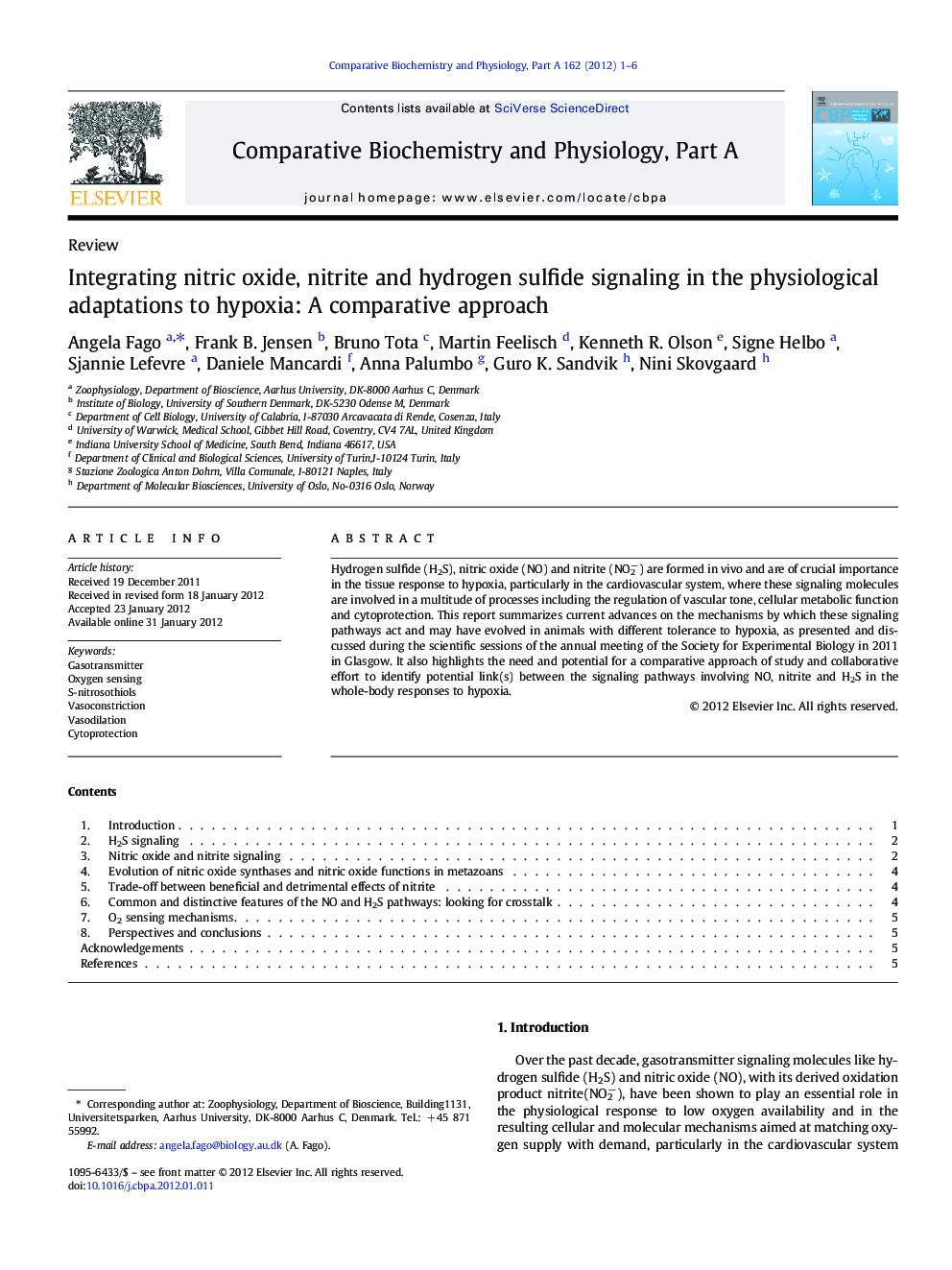 Integrating nitric oxide, nitrite and hydrogen sulfide signaling in the physiological adaptations to hypoxia: A comparative approach