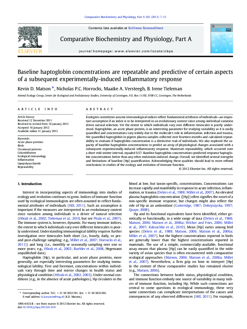 Baseline haptoglobin concentrations are repeatable and predictive of certain aspects of a subsequent experimentally-induced inflammatory response