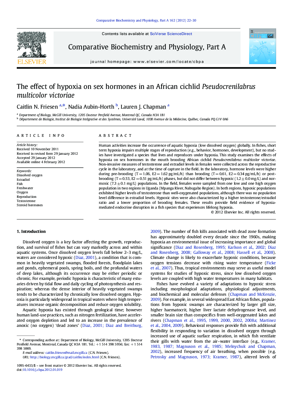 The effect of hypoxia on sex hormones in an African cichlid Pseudocrenilabrus multicolor victoriae