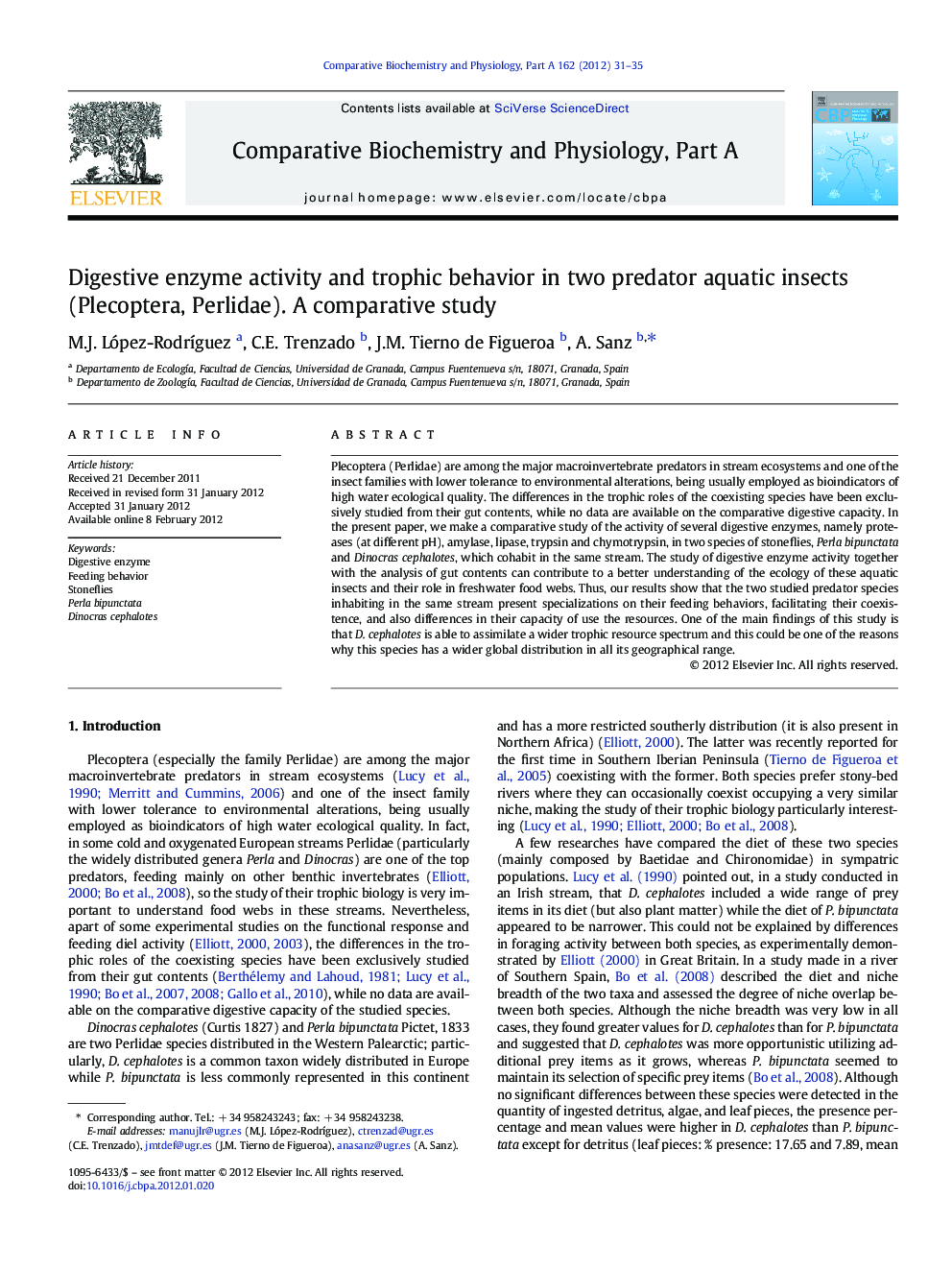 Digestive enzyme activity and trophic behavior in two predator aquatic insects (Plecoptera, Perlidae). A comparative study