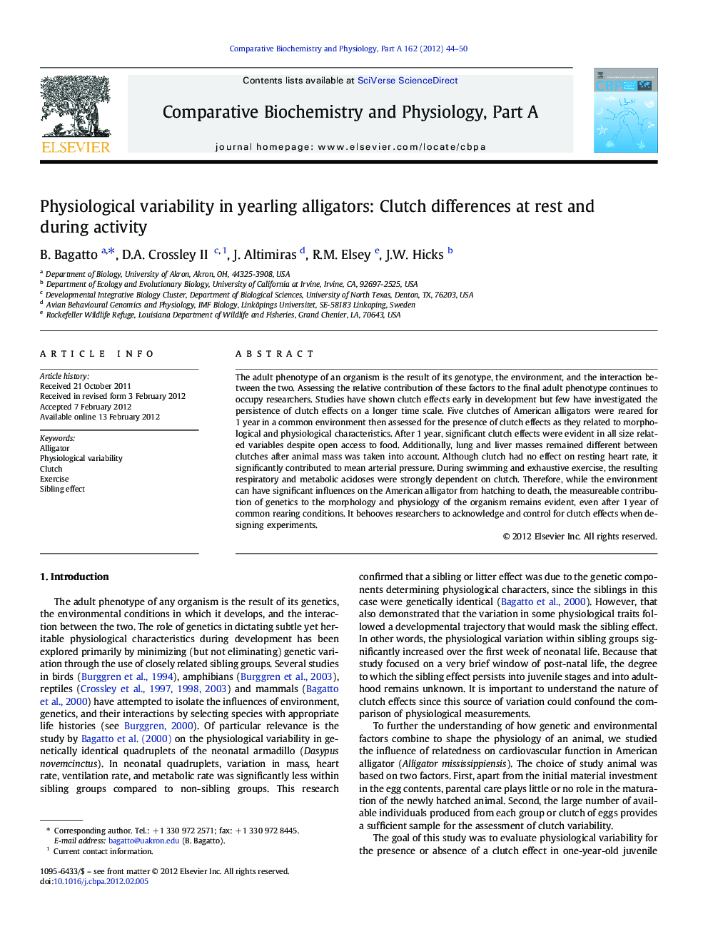 Physiological variability in yearling alligators: Clutch differences at rest and during activity