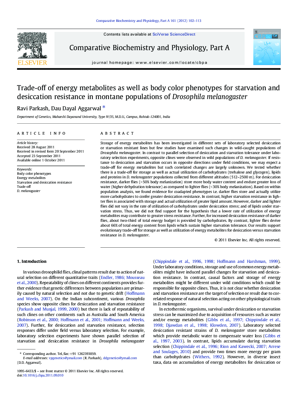 Trade-off of energy metabolites as well as body color phenotypes for starvation and desiccation resistance in montane populations of Drosophila melanogaster