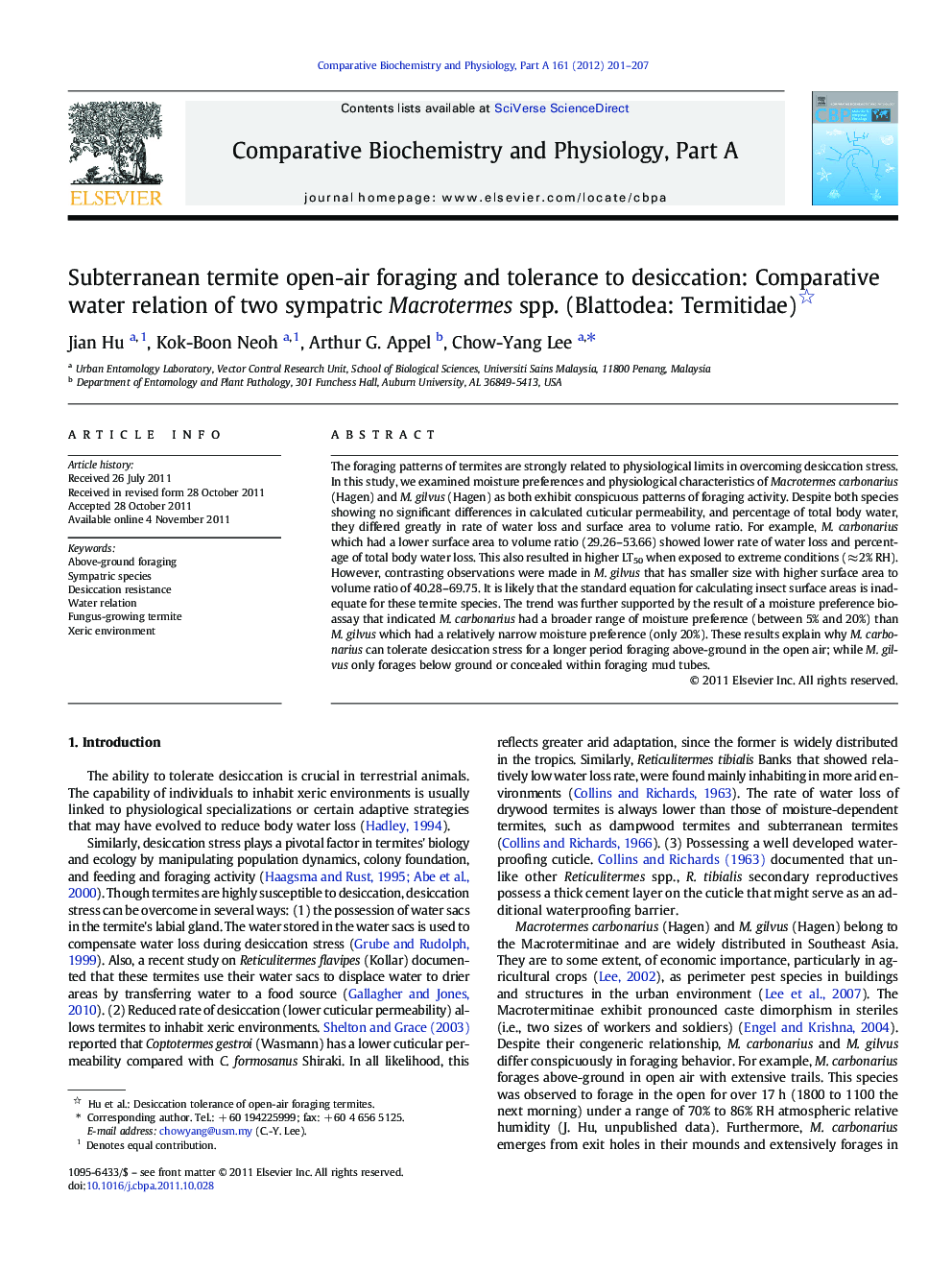 Subterranean termite open-air foraging and tolerance to desiccation: Comparative water relation of two sympatric Macrotermes spp. (Blattodea: Termitidae) 