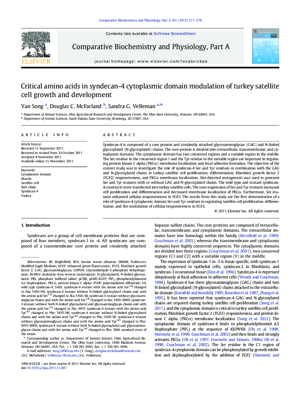 Critical amino acids in syndecan-4 cytoplasmic domain modulation of turkey satellite cell growth and development