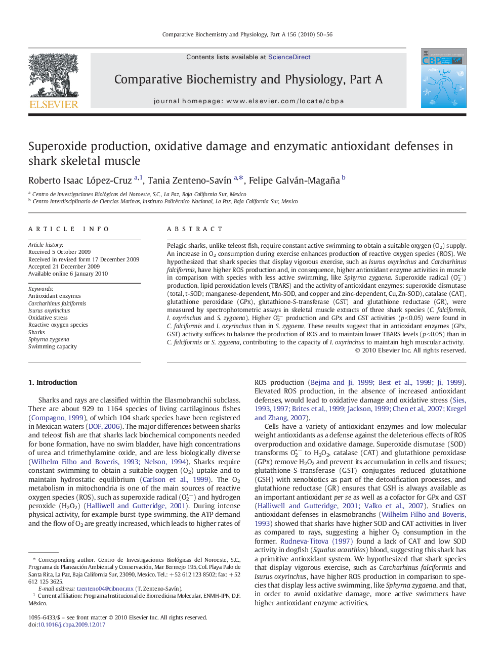 Superoxide production, oxidative damage and enzymatic antioxidant defenses in shark skeletal muscle