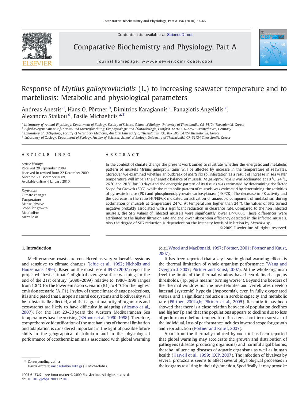 Response of Mytilus galloprovincialis (L.) to increasing seawater temperature and to marteliosis: Metabolic and physiological parameters