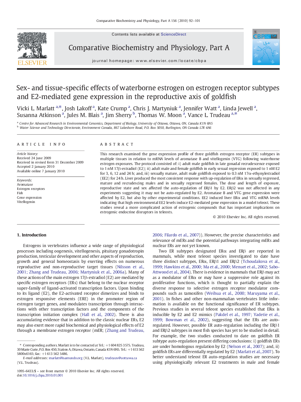 Sex- and tissue-specific effects of waterborne estrogen on estrogen receptor subtypes and E2-mediated gene expression in the reproductive axis of goldfish