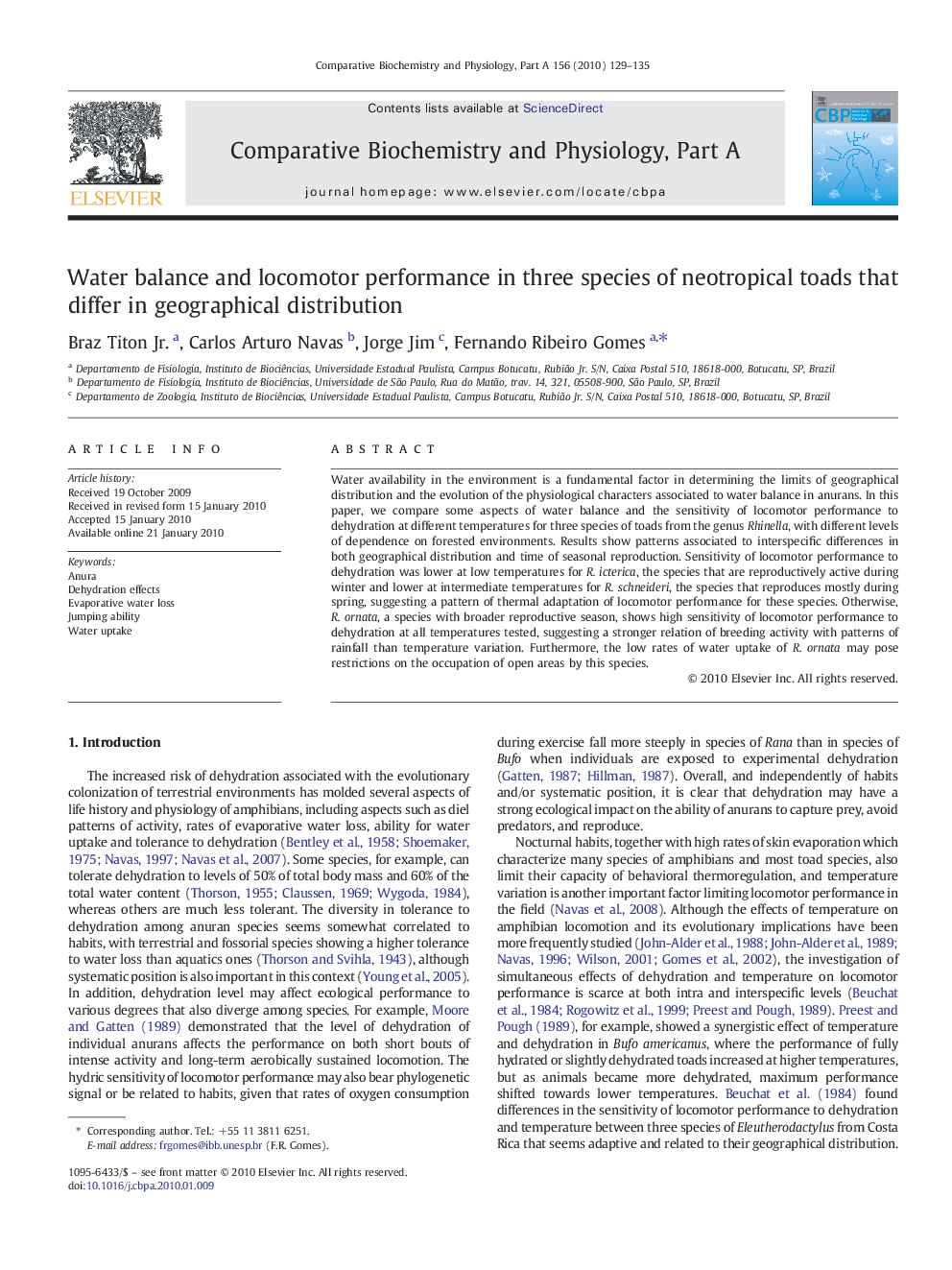 Water balance and locomotor performance in three species of neotropical toads that differ in geographical distribution