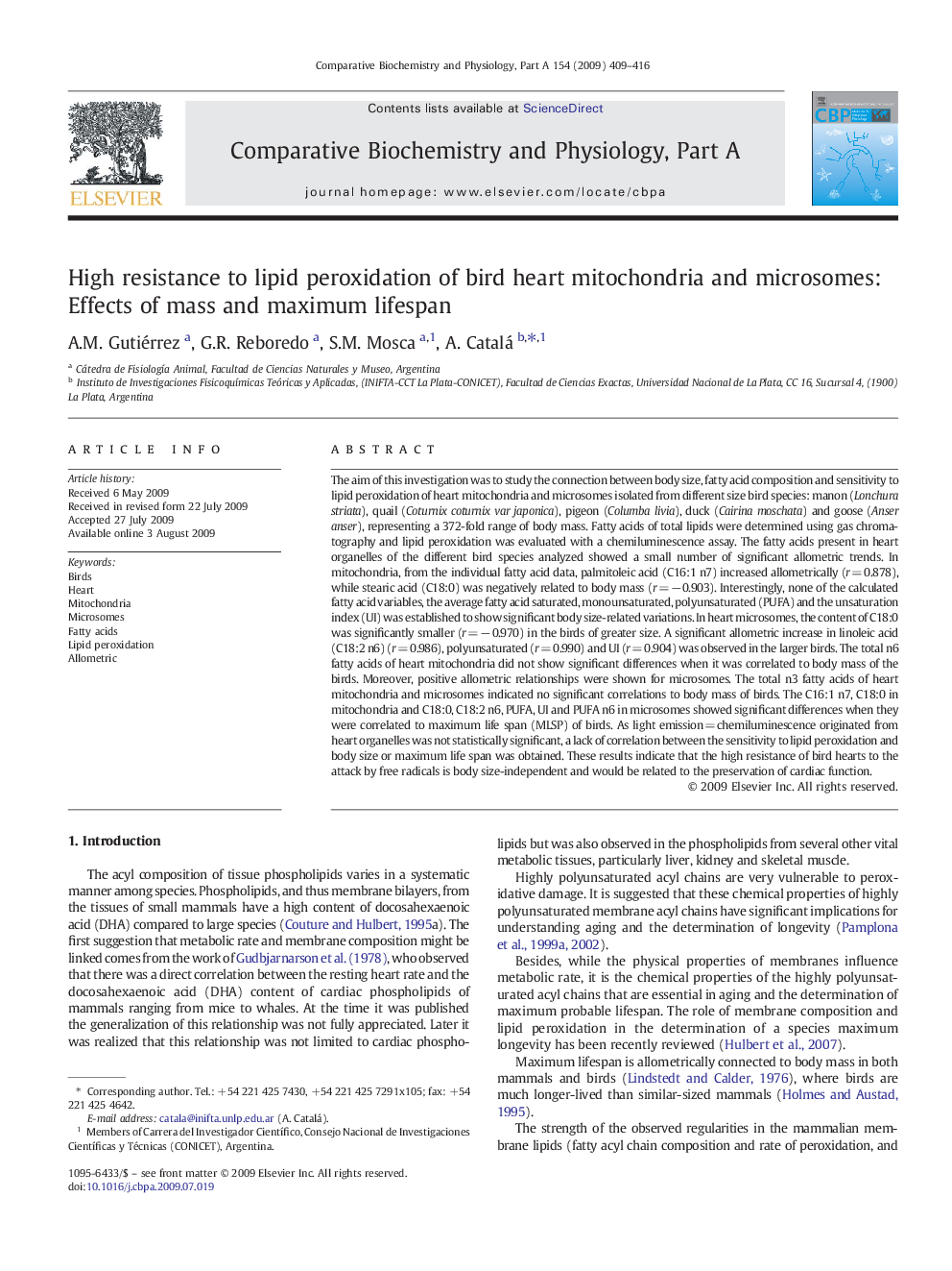 High resistance to lipid peroxidation of bird heart mitochondria and microsomes: Effects of mass and maximum lifespan