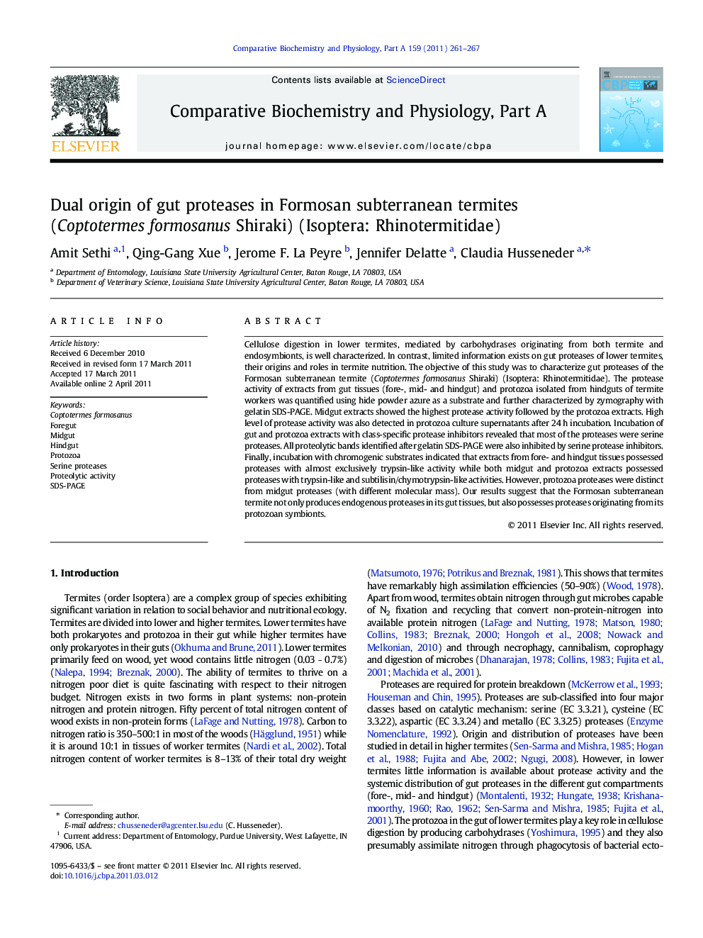 Dual origin of gut proteases in Formosan subterranean termites (Coptotermes formosanus Shiraki) (Isoptera: Rhinotermitidae)