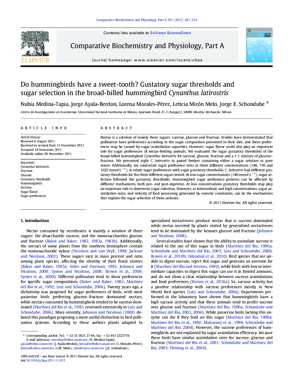 Do hummingbirds have a sweet-tooth? Gustatory sugar thresholds and sugar selection in the broad-billed hummingbird Cynanthus latirostris