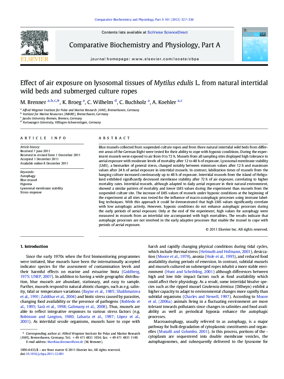 Effect of air exposure on lysosomal tissues of Mytilus edulis L. from natural intertidal wild beds and submerged culture ropes