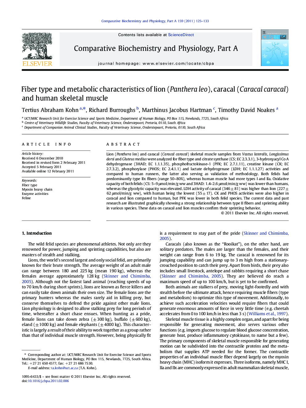 عکس صفحه اول مقاله: Fiber type and metabolic characteristics of lion (Panthera leo), caracal (Caracal caracal) and human skeletal muscle Fiber type and metabolic characteristics of lion (Panthera leo), caracal (Caracal caracal) and human skeletal muscle