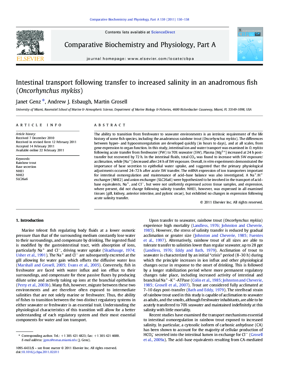 Intestinal transport following transfer to increased salinity in an anadromous fish (Oncorhynchus mykiss)