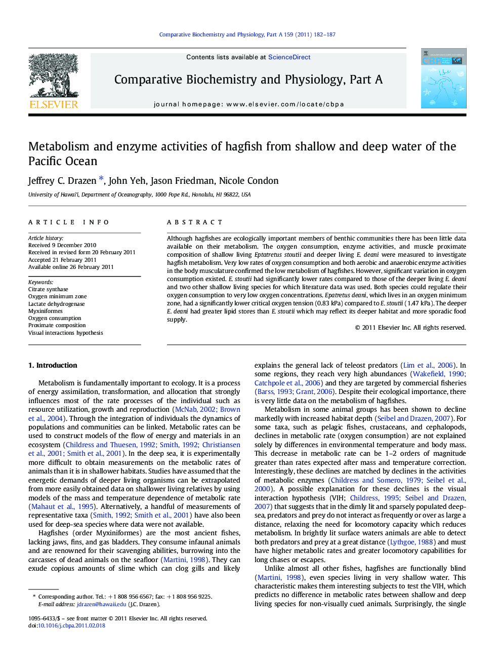 Metabolism and enzyme activities of hagfish from shallow and deep water of the Pacific Ocean