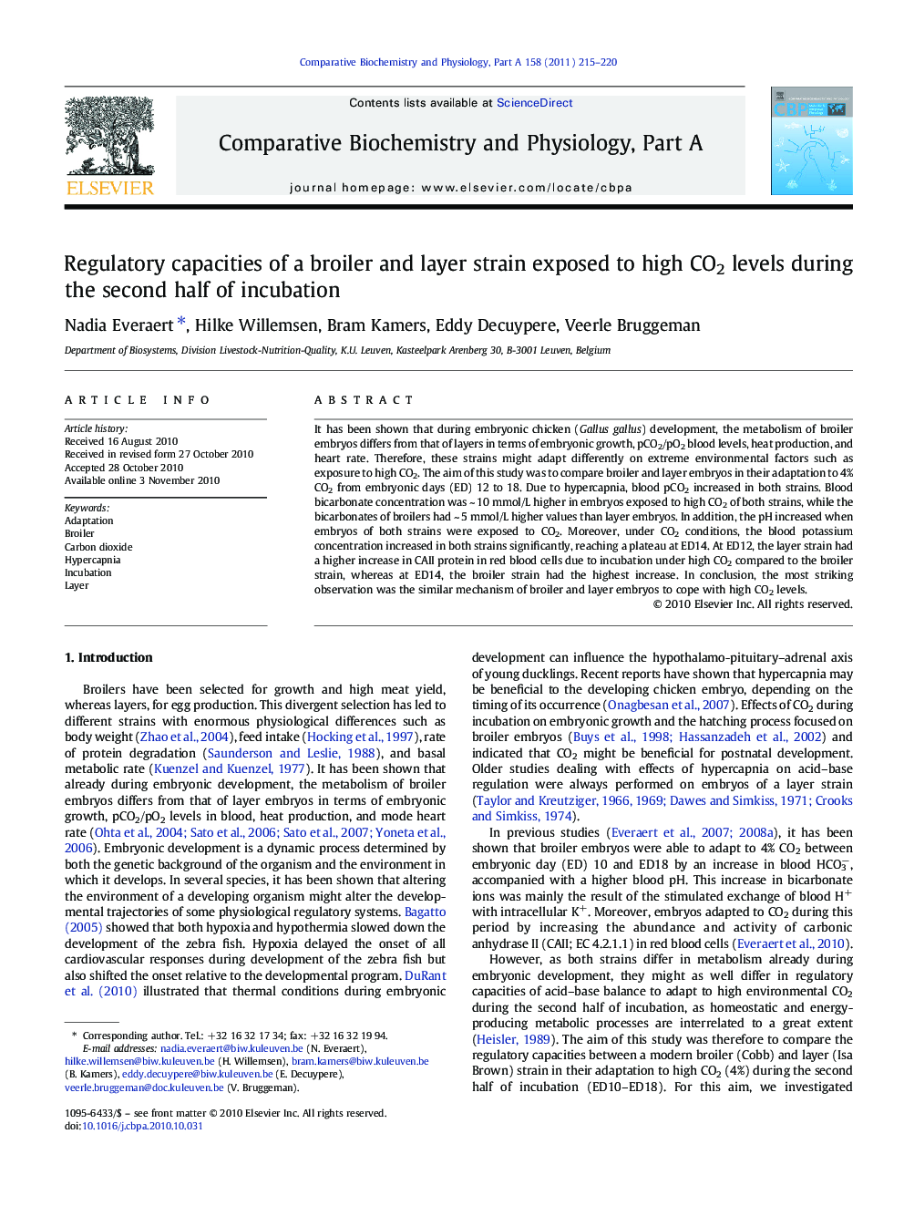 Regulatory capacities of a broiler and layer strain exposed to high CO2 levels during the second half of incubation