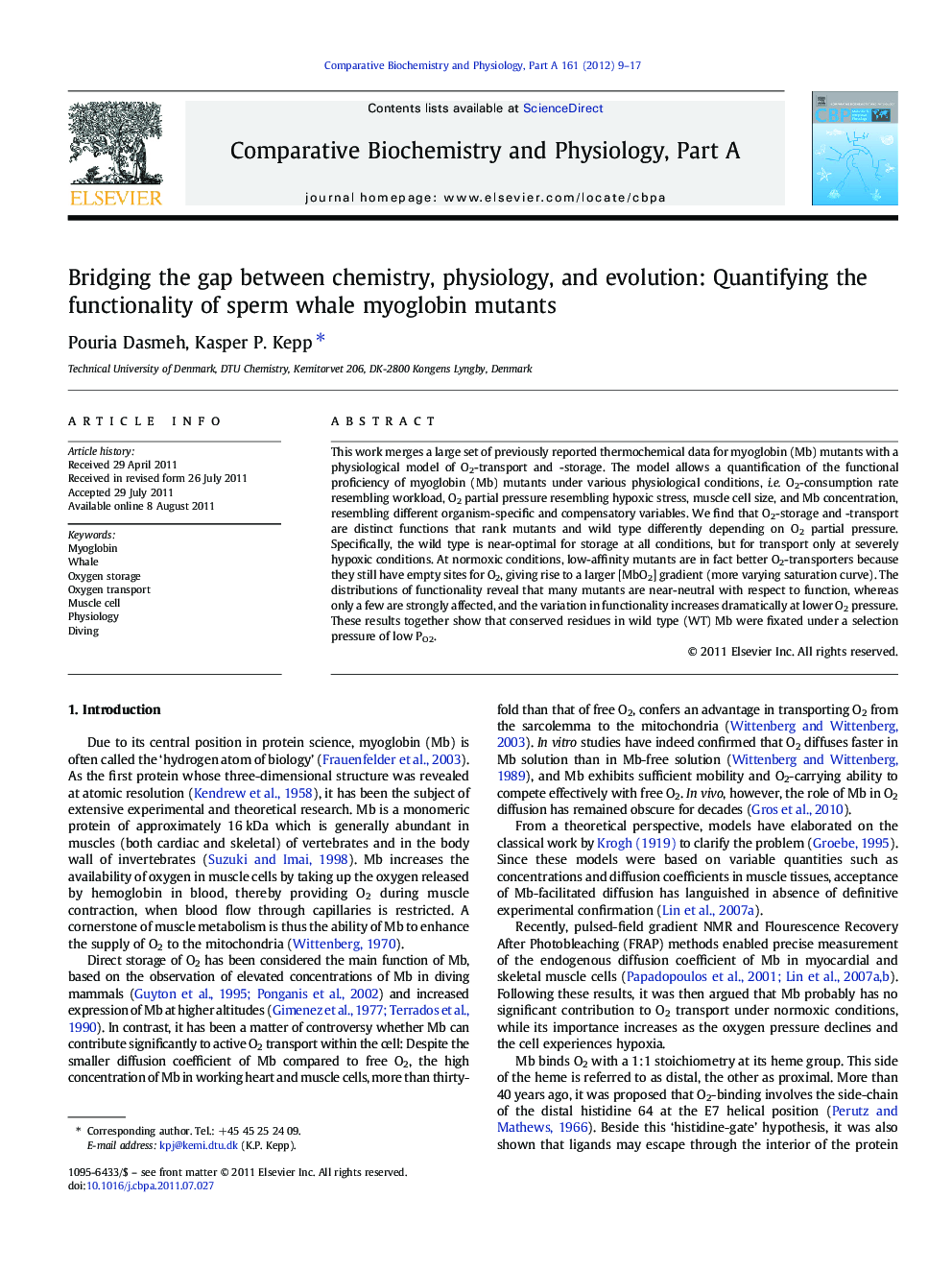 Bridging the gap between chemistry, physiology, and evolution: Quantifying the functionality of sperm whale myoglobin mutants