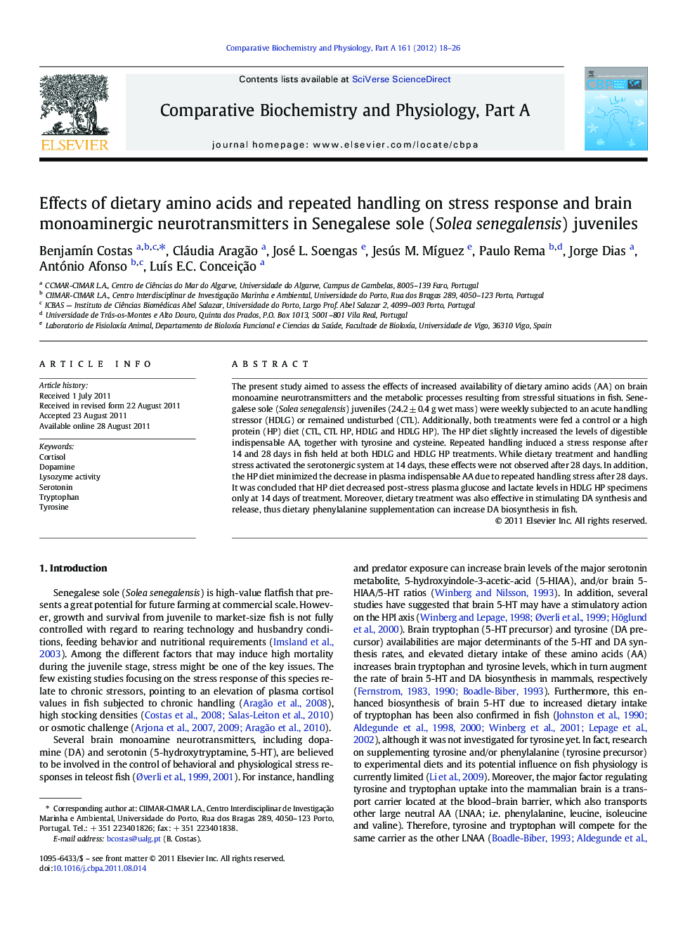 Effects of dietary amino acids and repeated handling on stress response and brain monoaminergic neurotransmitters in Senegalese sole (Solea senegalensis) juveniles