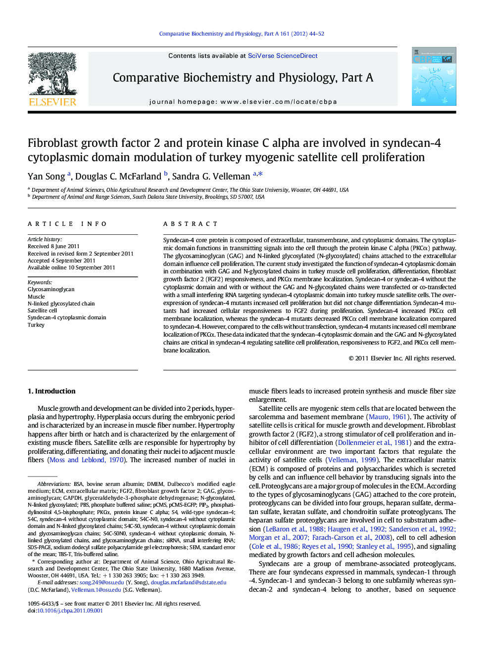 Fibroblast growth factor 2 and protein kinase C alpha are involved in syndecan-4 cytoplasmic domain modulation of turkey myogenic satellite cell proliferation