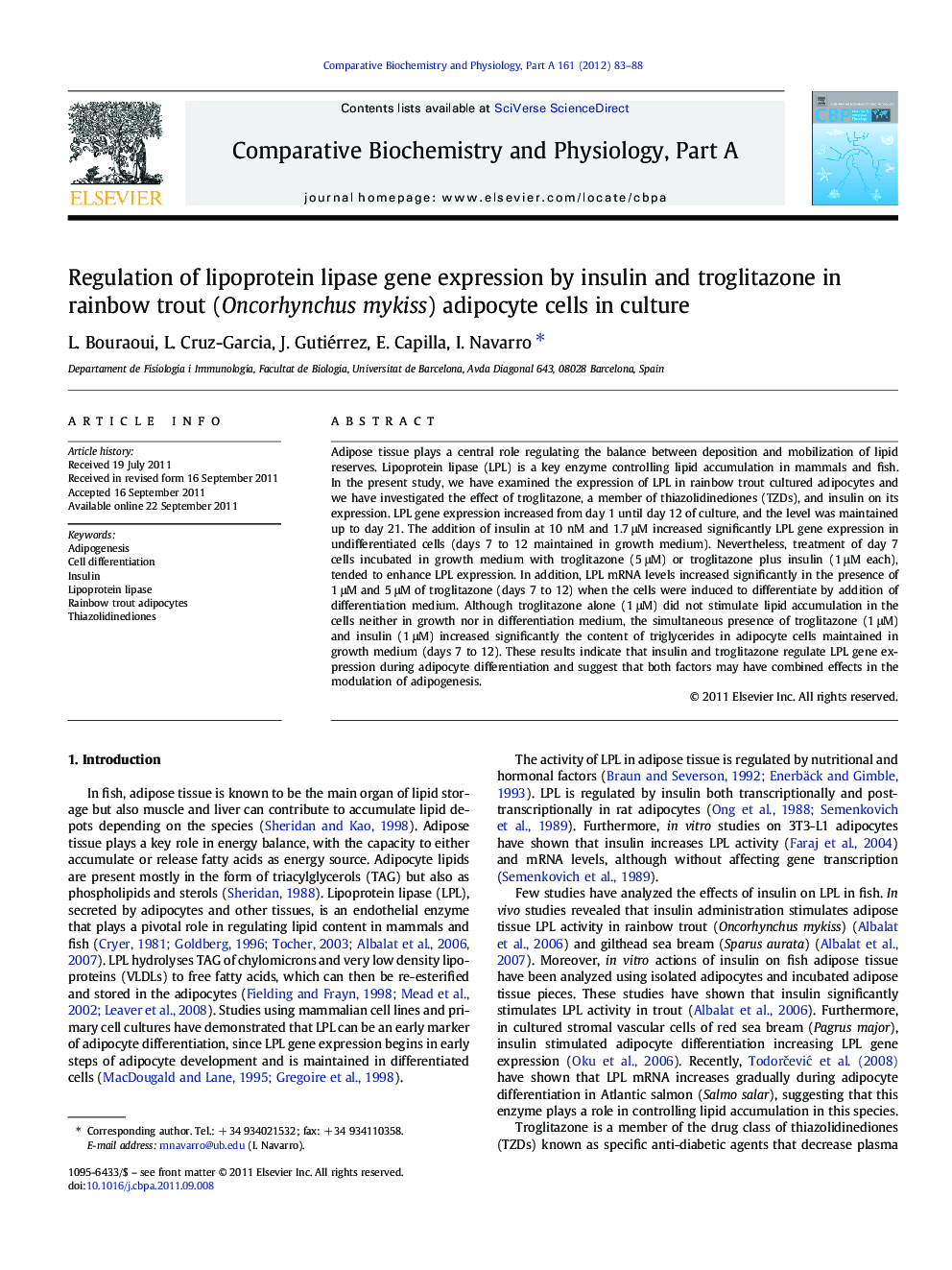 عکس صفحه اول مقاله: Regulation of lipoprotein lipase gene expression by insulin and troglitazone in rainbow trout (Oncorhynchus mykiss) adipocyte cells in culture Regulation of lipoprotein lipase gene expression by insulin and troglitazone in rainbow trout (Oncorhynchus mykiss) adipocyte cells in culture