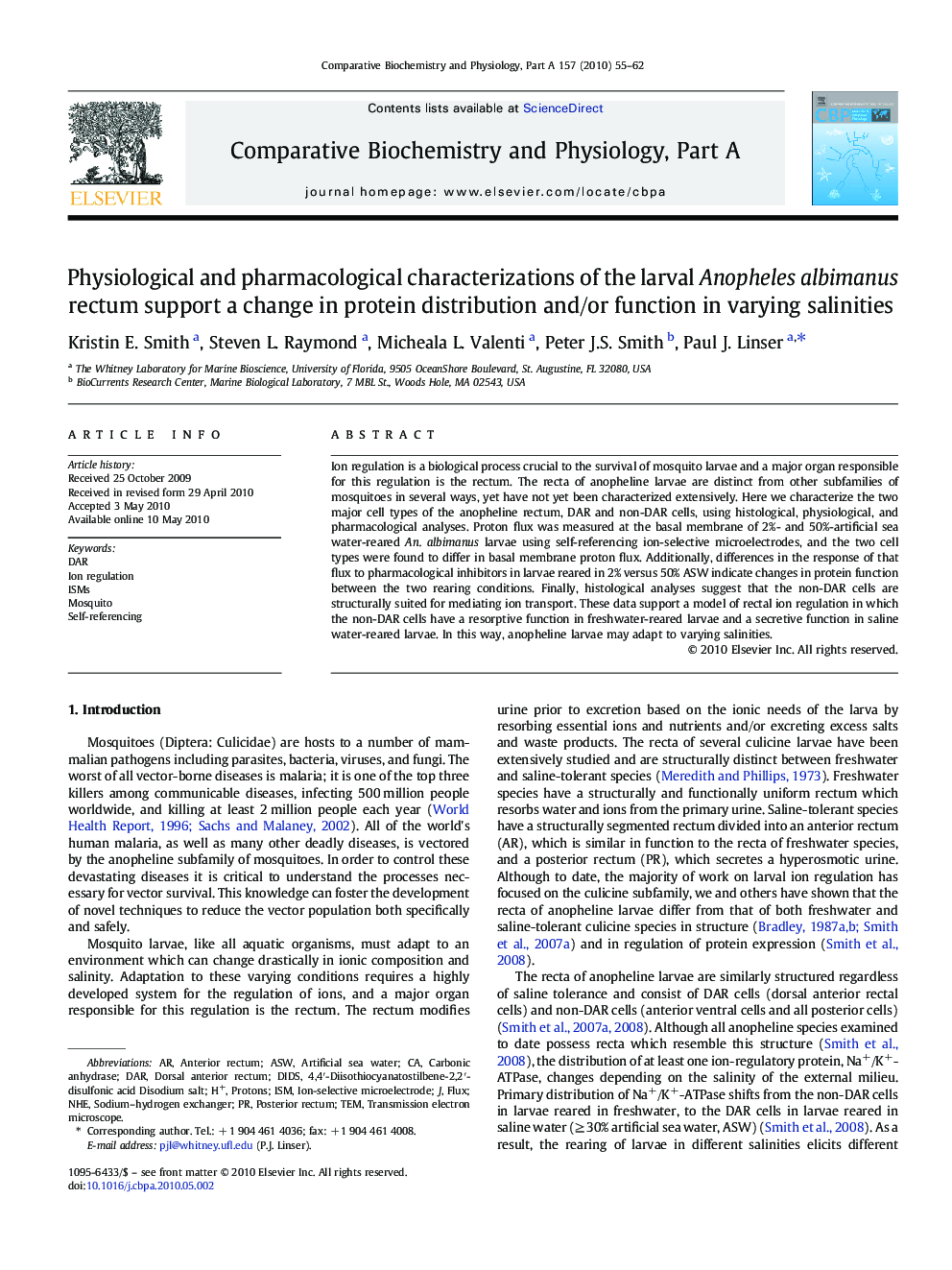 Physiological and pharmacological characterizations of the larval Anopheles albimanus rectum support a change in protein distribution and/or function in varying salinities