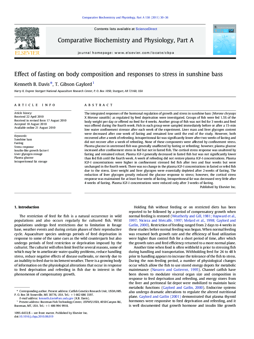 Effect of fasting on body composition and responses to stress in sunshine bass