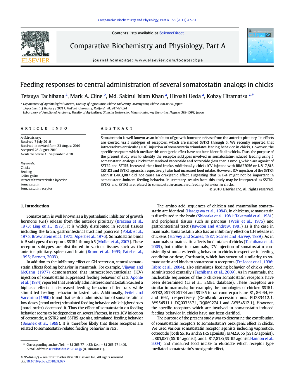 Feeding responses to central administration of several somatostatin analogs in chicks