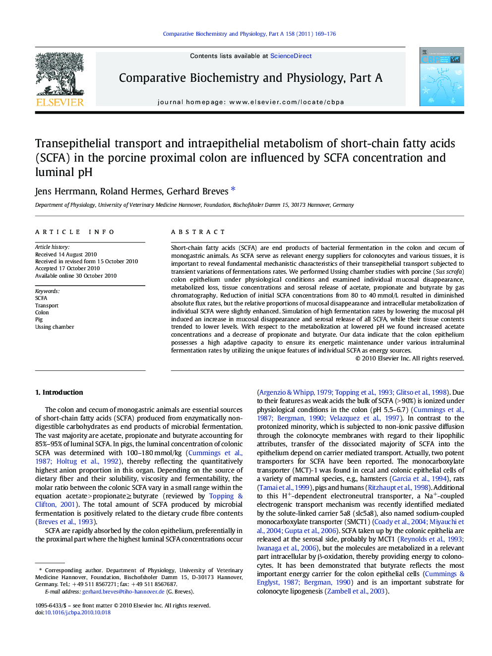 Transepithelial transport and intraepithelial metabolism of short-chain fatty acids (SCFA) in the porcine proximal colon are influenced by SCFA concentration and luminal pH