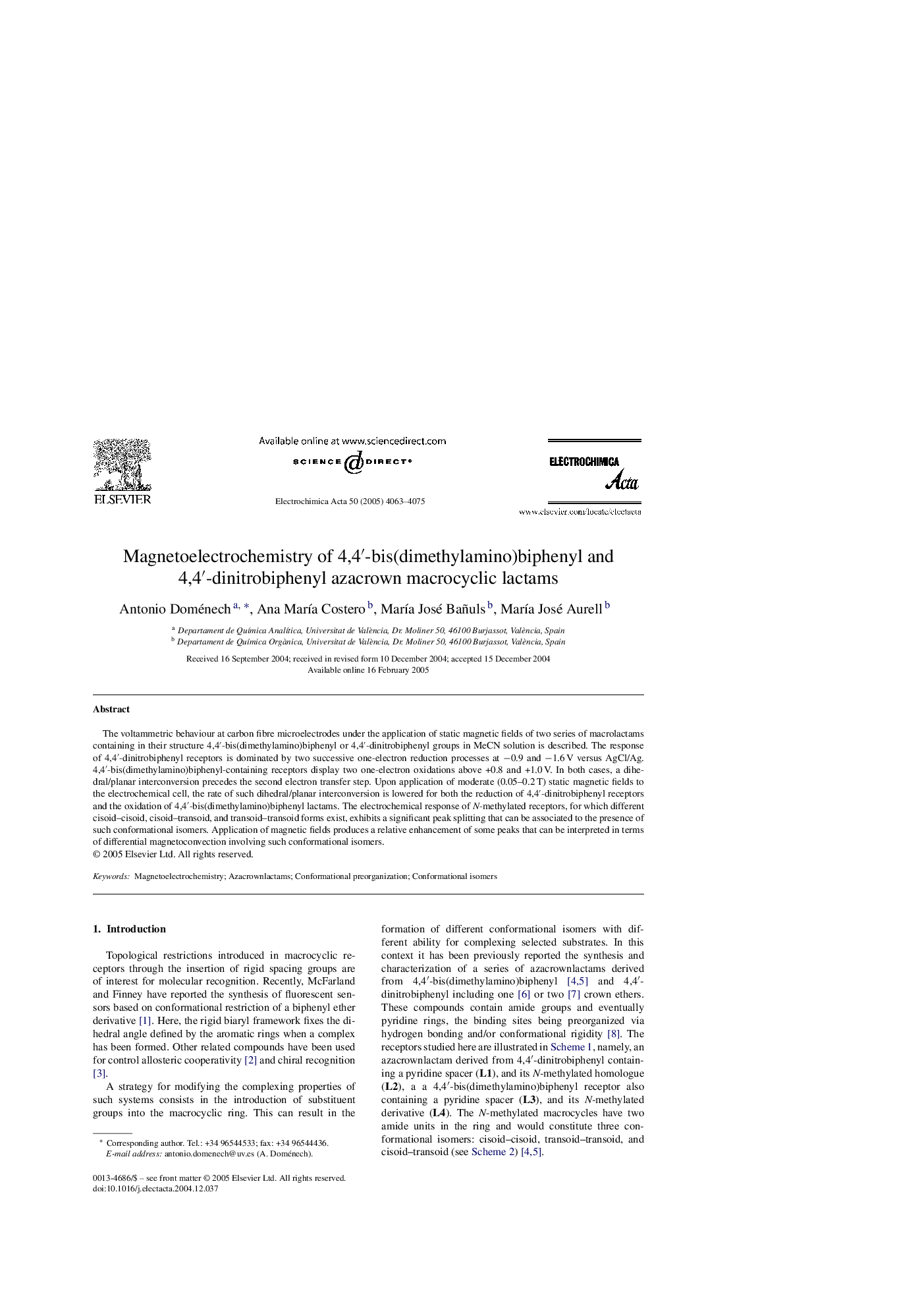 Magnetoelectrochemistry of 4,4′-bis(dimethylamino)biphenyl and 4,4′-dinitrobiphenyl azacrown macrocyclic lactams