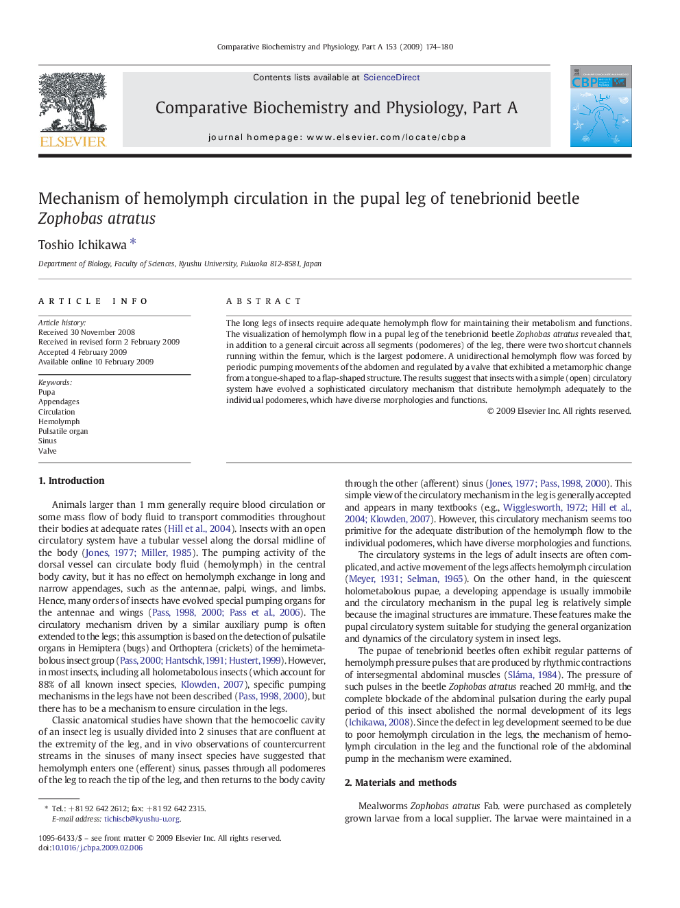 Mechanism of hemolymph circulation in the pupal leg of tenebrionid beetle Zophobas atratus