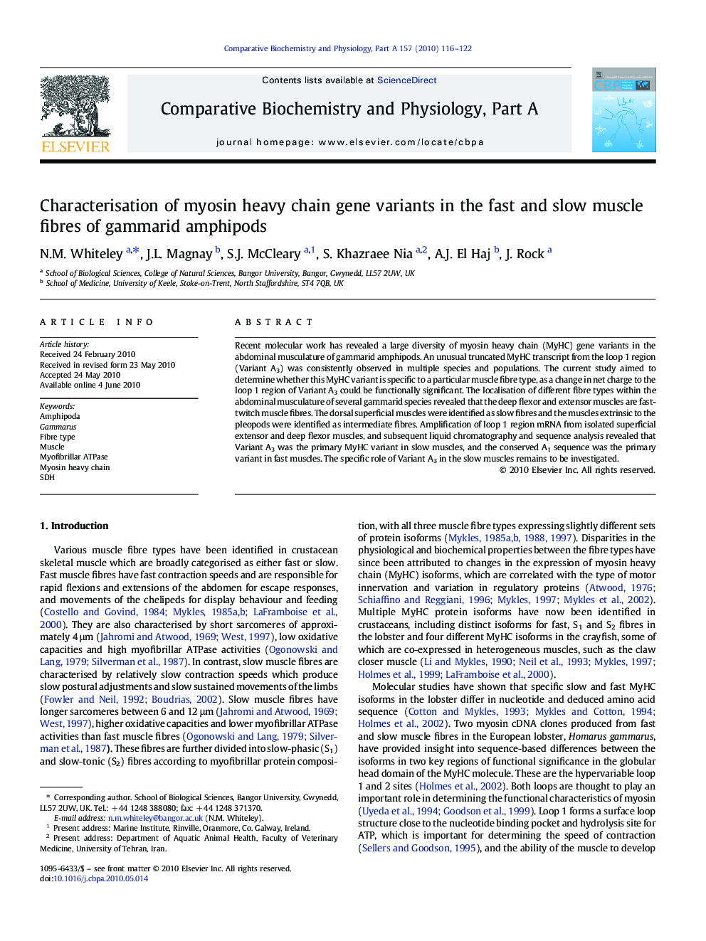 Characterisation of myosin heavy chain gene variants in the fast and slow muscle fibres of gammarid amphipods