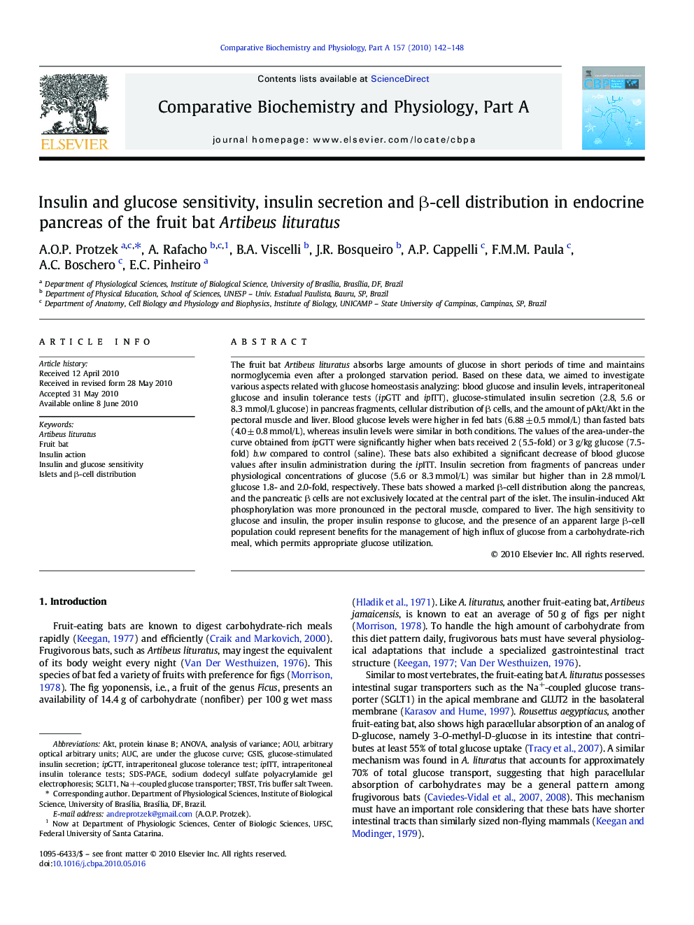 Insulin and glucose sensitivity, insulin secretion and β-cell distribution in endocrine pancreas of the fruit bat Artibeus lituratus