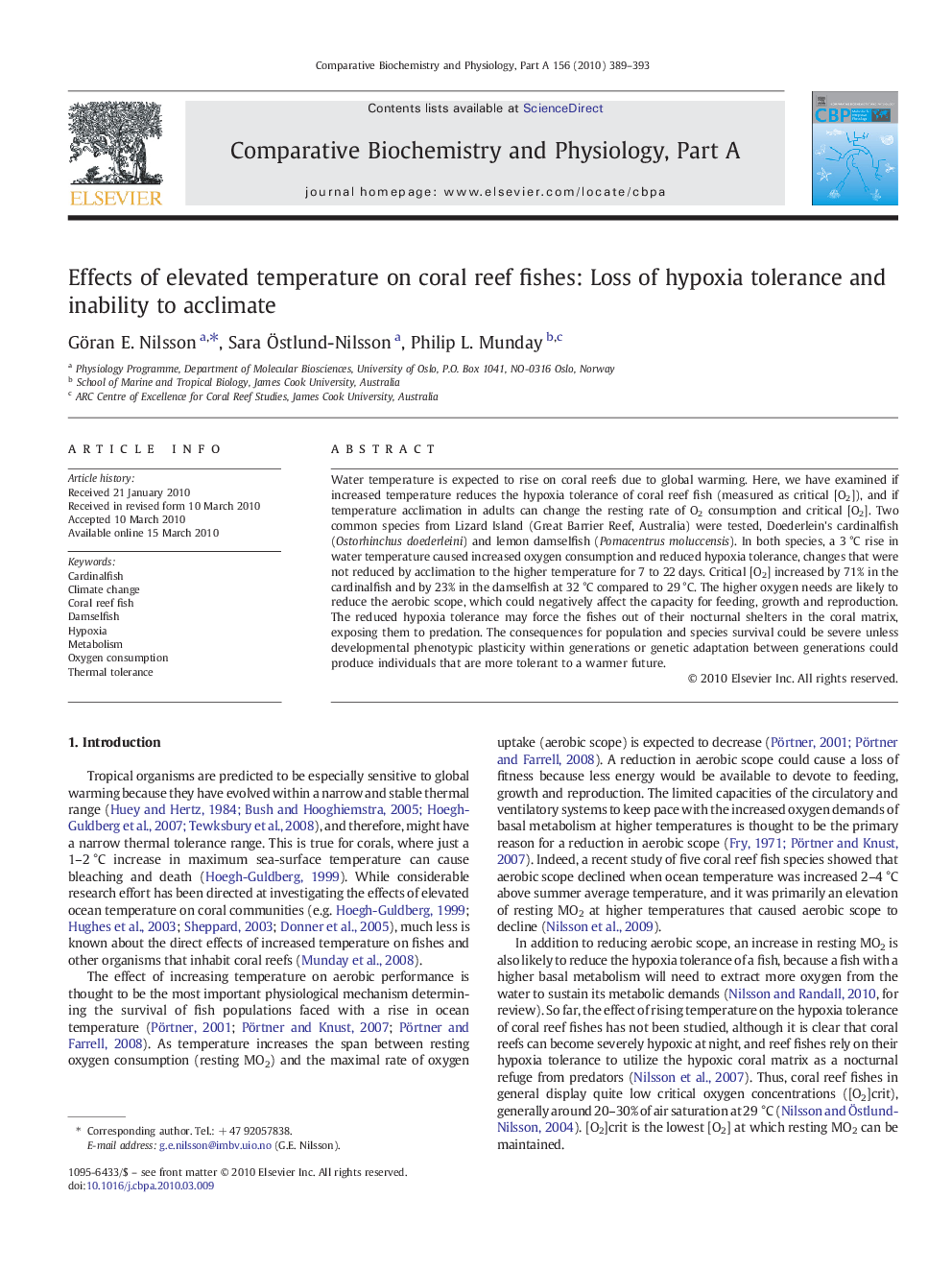 Effects of elevated temperature on coral reef fishes: Loss of hypoxia tolerance and inability to acclimate