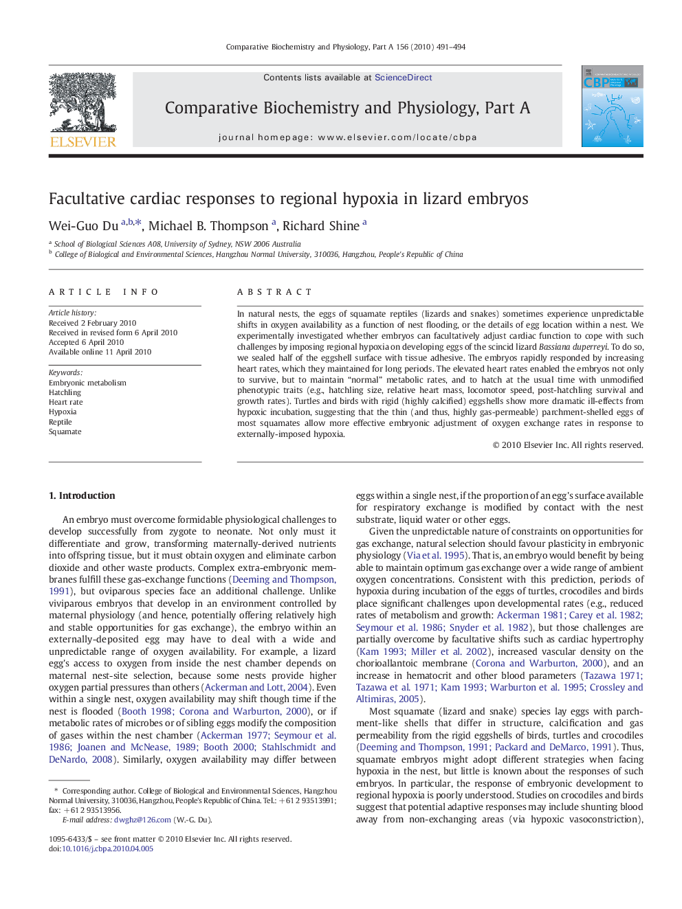 Facultative cardiac responses to regional hypoxia in lizard embryos