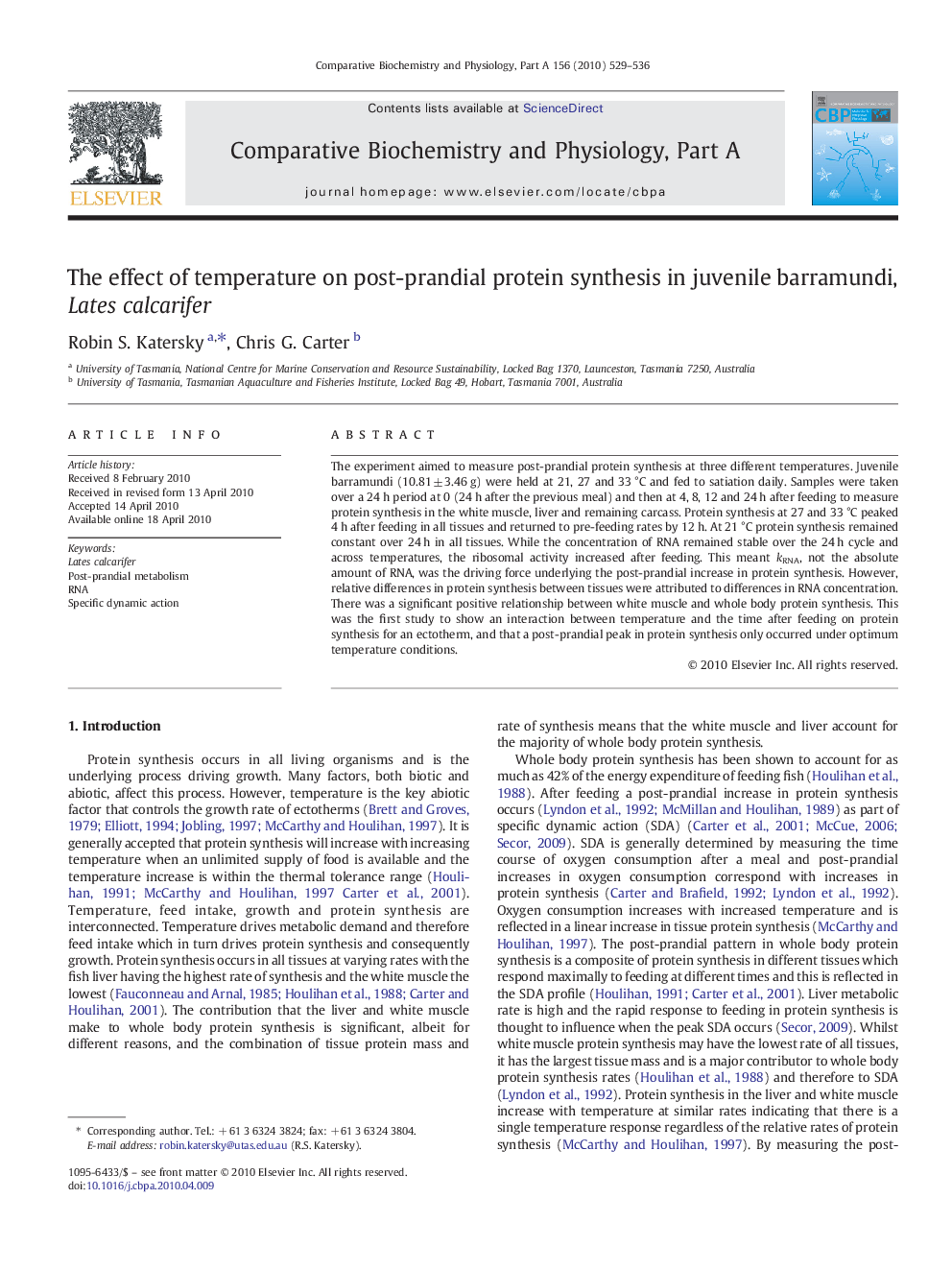 The effect of temperature on post-prandial protein synthesis in juvenile barramundi, Lates calcarifer