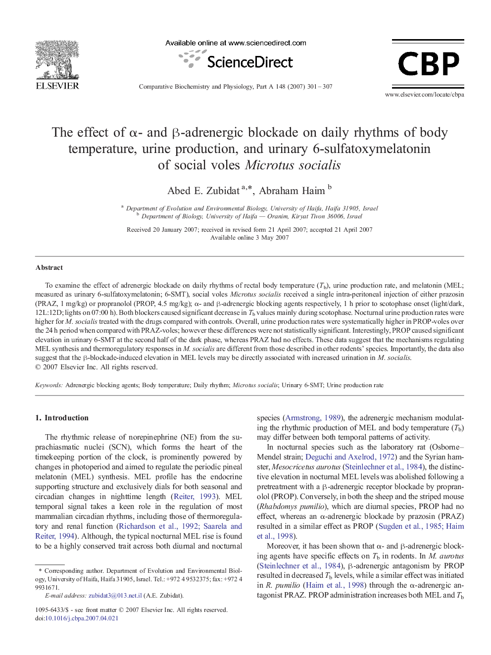 The effect of α- and β-adrenergic blockade on daily rhythms of body temperature, urine production, and urinary 6-sulfatoxymelatonin of social voles Microtus socialis