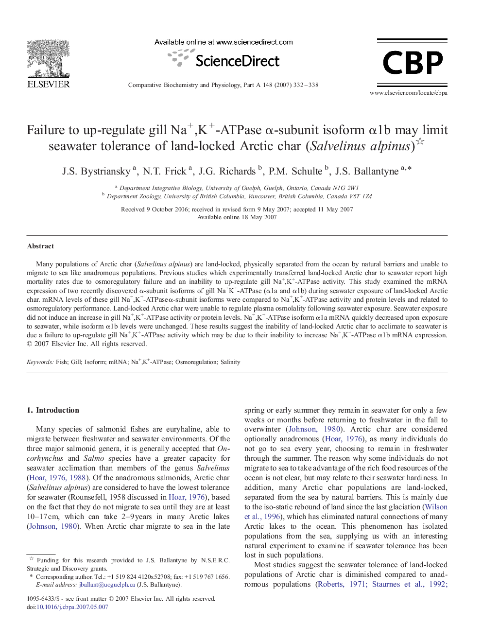 Failure to up-regulate gill Na+,K+-ATPase α-subunit isoform α1b may limit seawater tolerance of land-locked Arctic char (Salvelinus alpinus) 